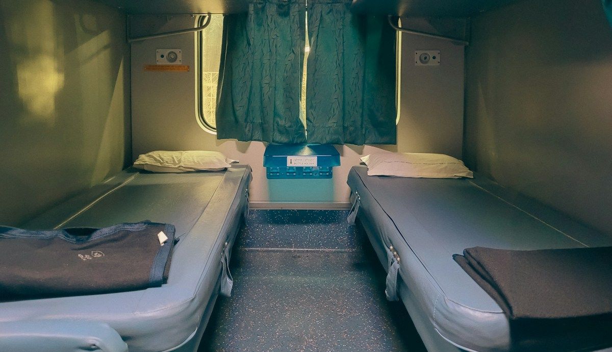 Two beds in a sleeper train cabin
